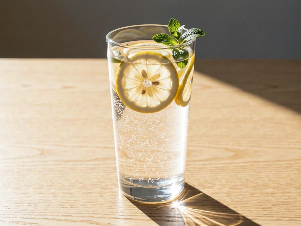 Lasillinen sitruunavettä auringonpaisteessa